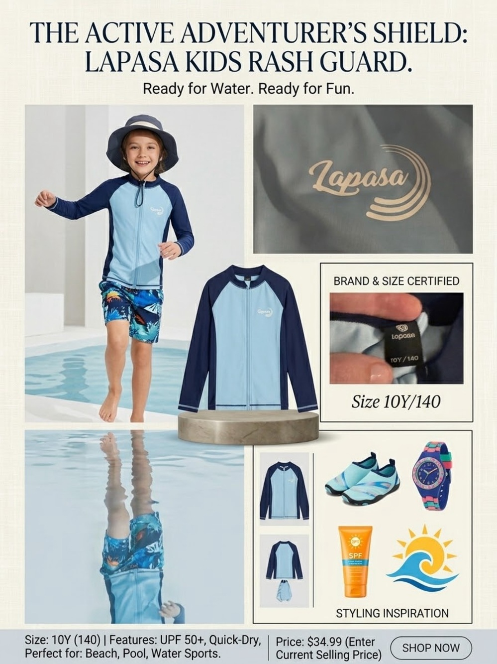 Kids Blue Long-Sleeve Rash Guard - UPF Swim Top